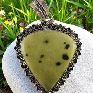 African Jade Pendant Sterling Silver 2" Teardrop Green Gemstone Necklace